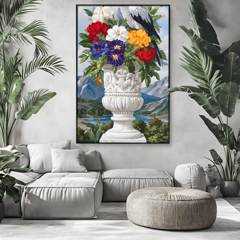 Tablou canvas cu tablou canvas cu papagal si vaza cu flori, in rama de aluminiu negru, pe perete intr-un living